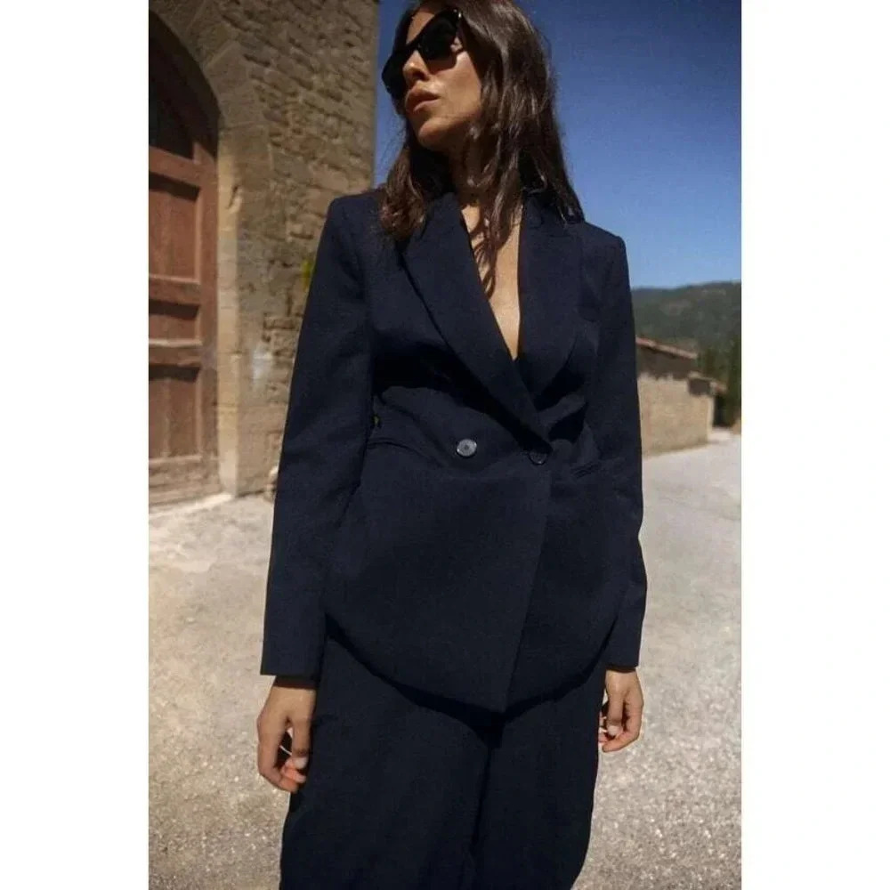 Zara Shoulder Pad Notched Lapel Double Breasted Blazer in Black